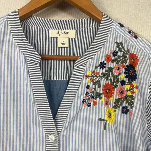Style & Co. Striped Embroidered Floral Blouse LARGE Boho Cottagecore Lightweight - Picture 7 of 13